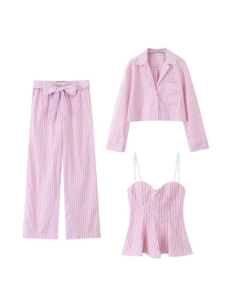 

KUCLUT Women Fashion 3 Piece Set Pink Striped Shirts & Vintage Trouser With Belt & Thin Straps Tops Female Chic Lady Pants Sets