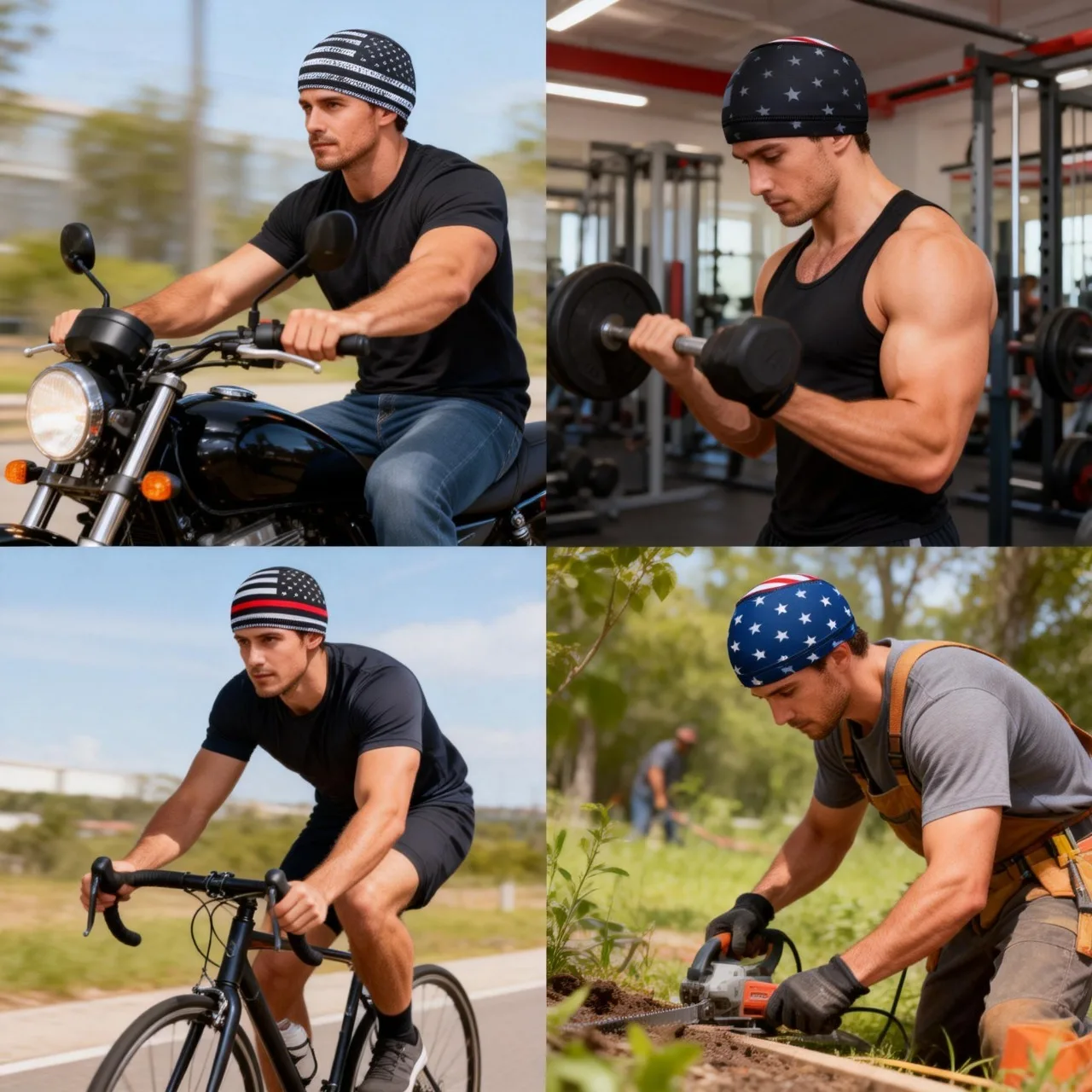 4x US Flag Skull Cap Helmet Liner Sweat Wicking Running Beanie Head Wrap Cycling Bandana for Men Women