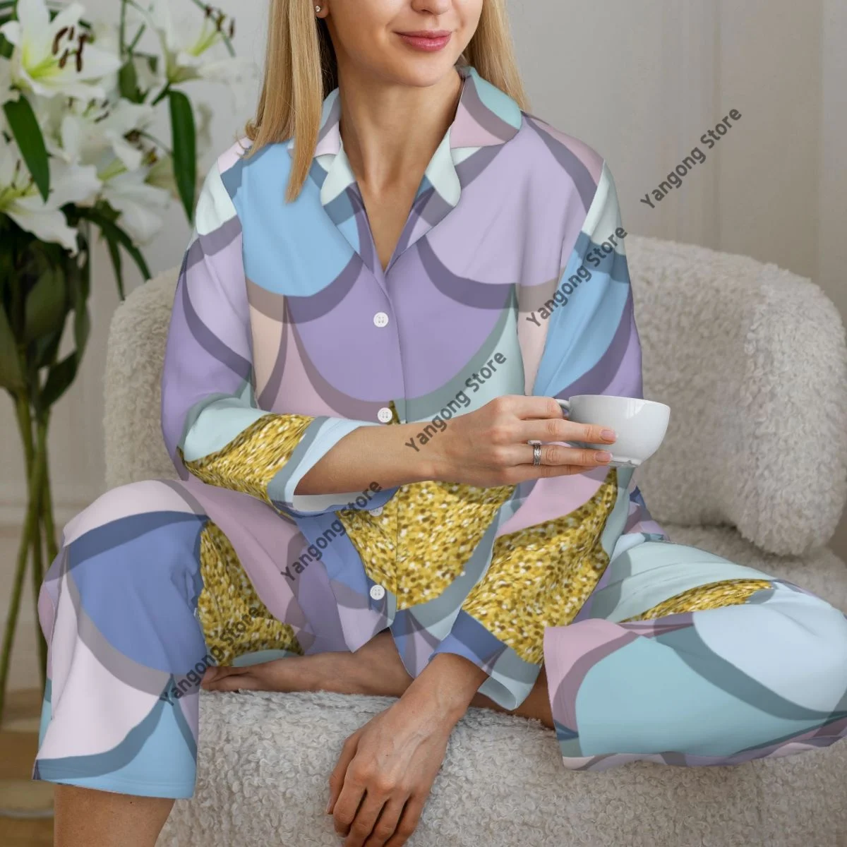 Spring and Autumn Long Sleeve Pants Pajamas Loungewear Set Pastel Fish Scale Women's Pull Edge Loose Sleeping Suit