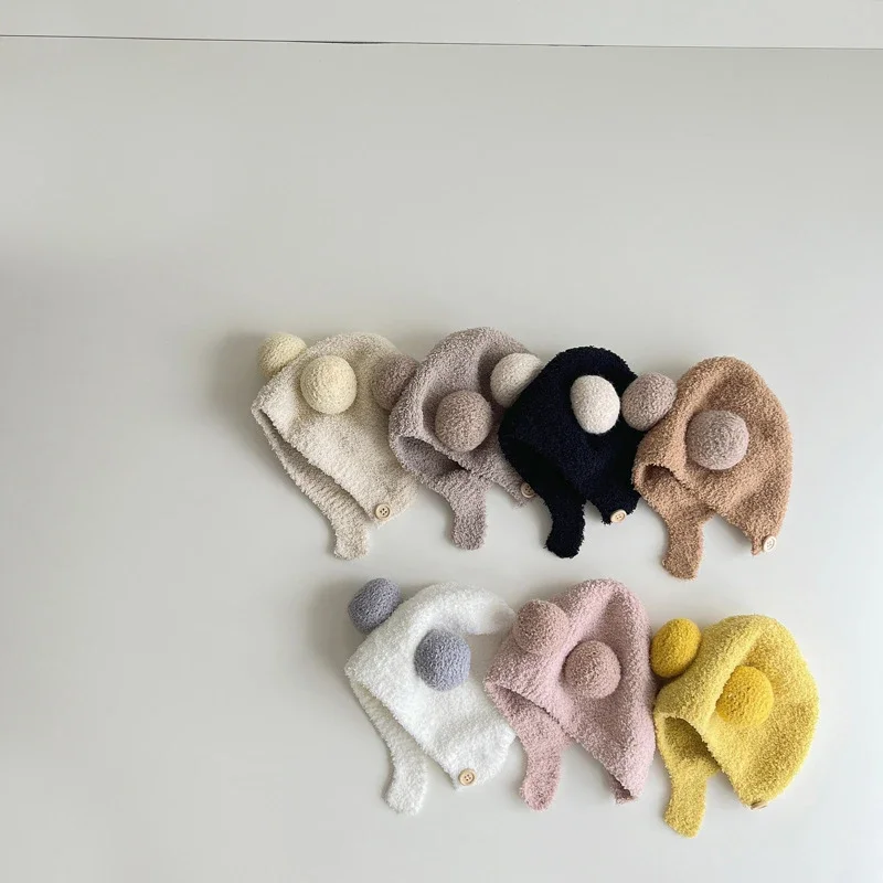 Simpatico cappello da bambino con doppia pompon, berretto di protezione per le orecchie da bambino, berretti invernali caldi per neonati, ragazze, paraorecchie