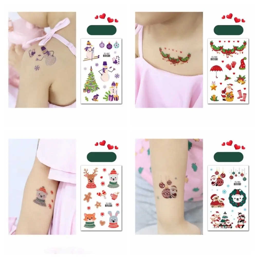 Pegatina de tatuaje temporal impermeable de muñeco de nieve, arte corporal, pegatinas de Navidad de larga duración, lindos dibujos animados, regalos de Navidad para niños