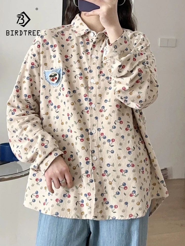 Nowa koszula z długim rękawem z bawełny na jesień 2025, damska koszula z kołnierzykiem i nadrukiem, styl Mori Girl, słodka, luźna bluzka do pracy T5O086CC