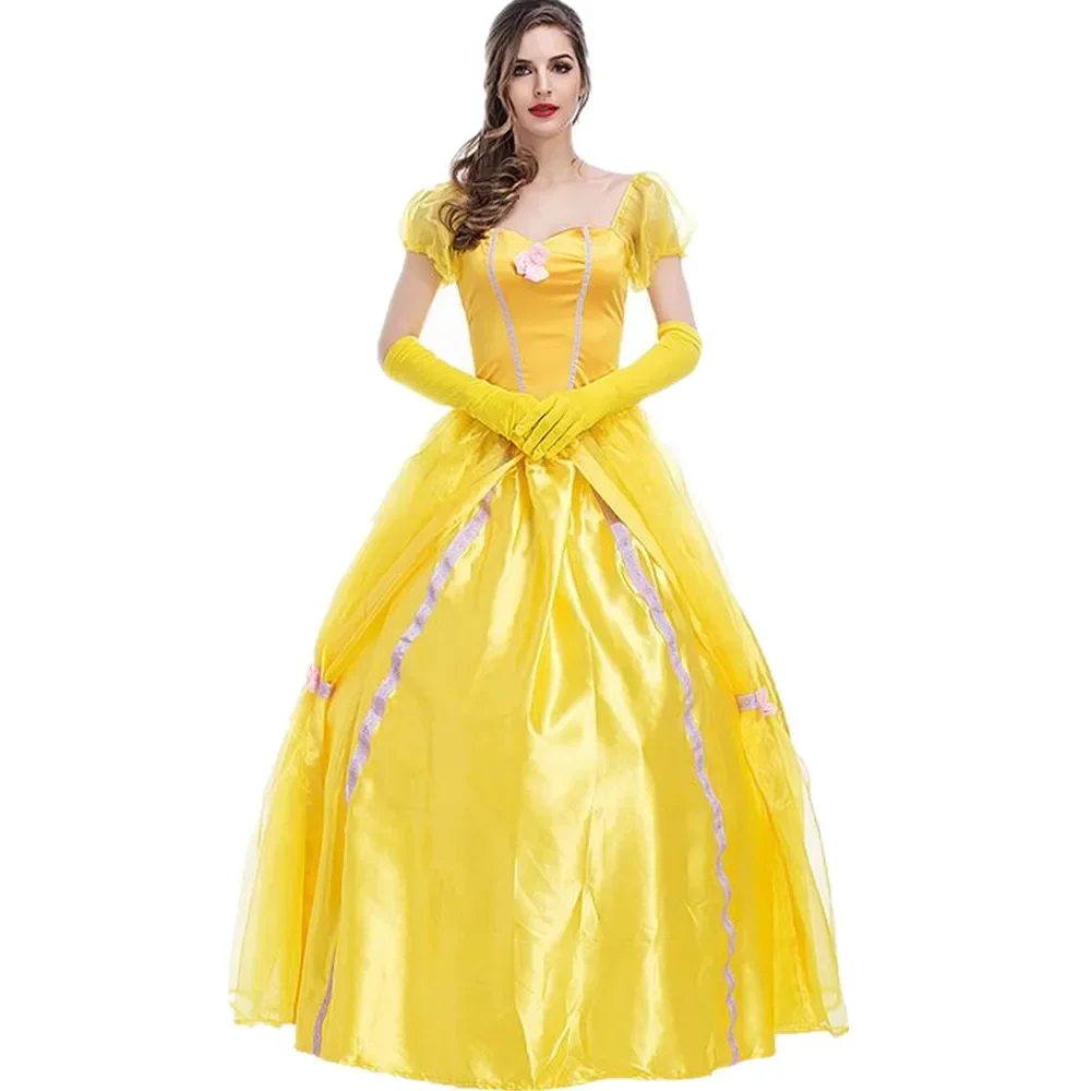 Adult Yellow Princess Belle Costume Halloween Beauty And The Beast Cosplay Party Masquerade Bell Court Queen Roles Suit