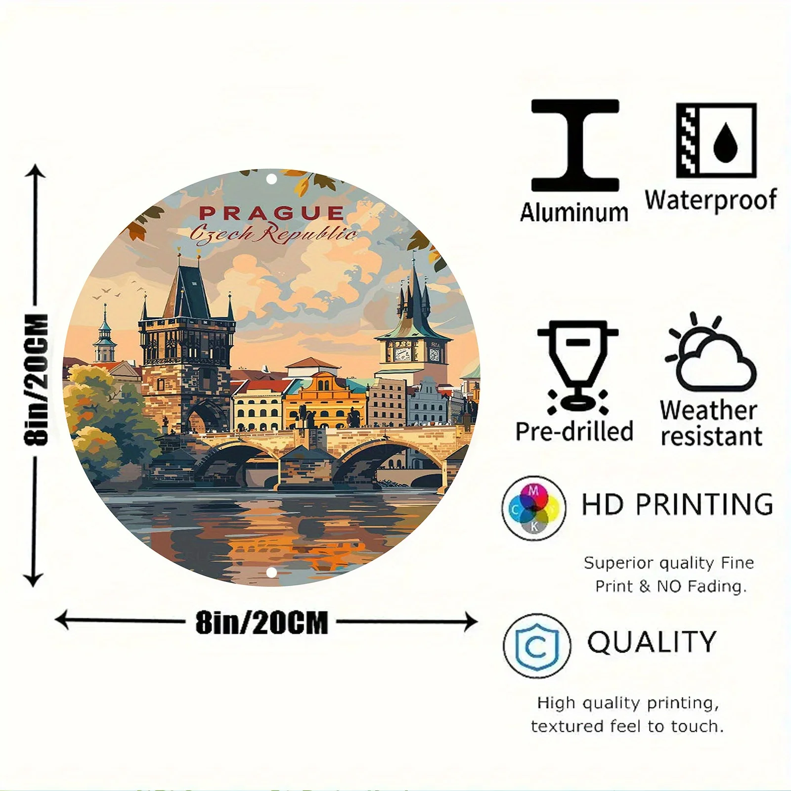 Prague Czech Republic Landmark Illustration - 1pc Round Aluminum Metal Sign - Vintage Art Decor for Home & Garden - Pre-Drilled,