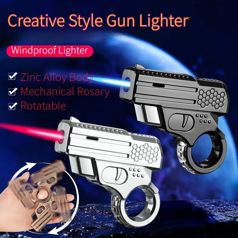 Ring Small Gun Creative Trendy Decompression Mechanical Rotating Rosary Metal Windproof Red Flame Lighters & Smoking Cigarette