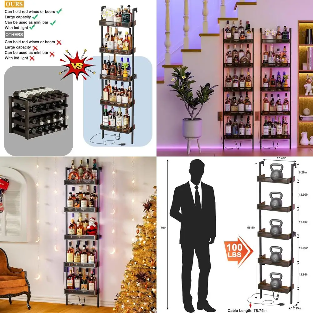 

50-Bottle Wall-Mounted Wine Rack with Fences, LED Lights, for Kitchen, Dining, Bar - 17.28L x 7.95W x 68.5H