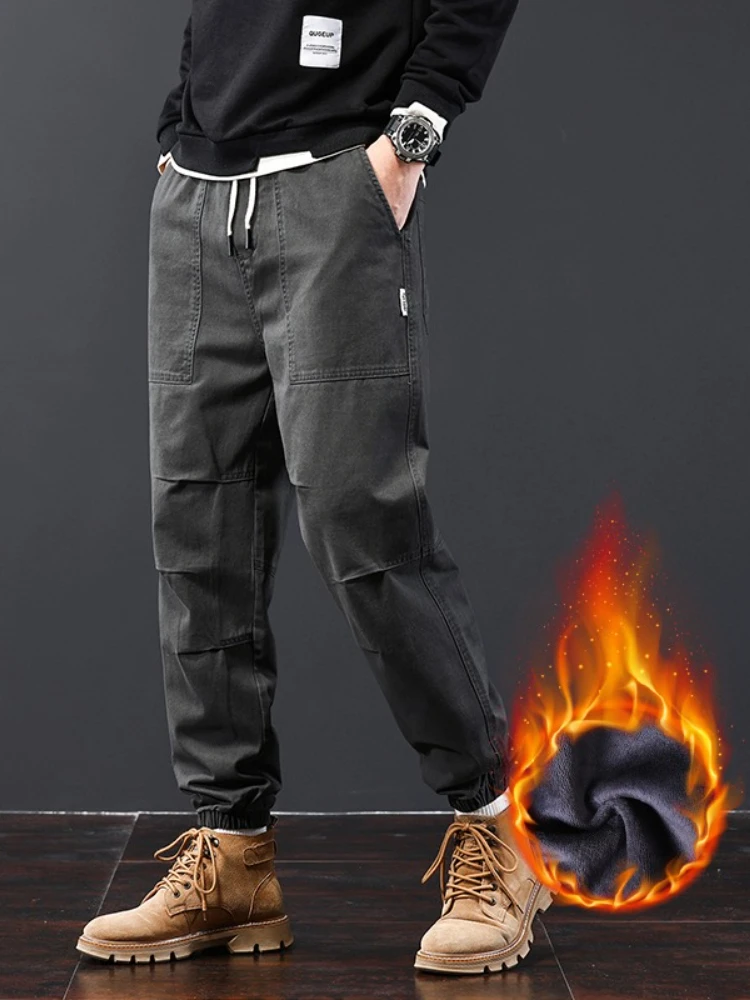 الشتاء الصوف مدبب Sweatpants الرجال 100% القطن سراويل تقليدية المألوف الدافئة جيوب سميكة البضائع المخملية بنطلون #2