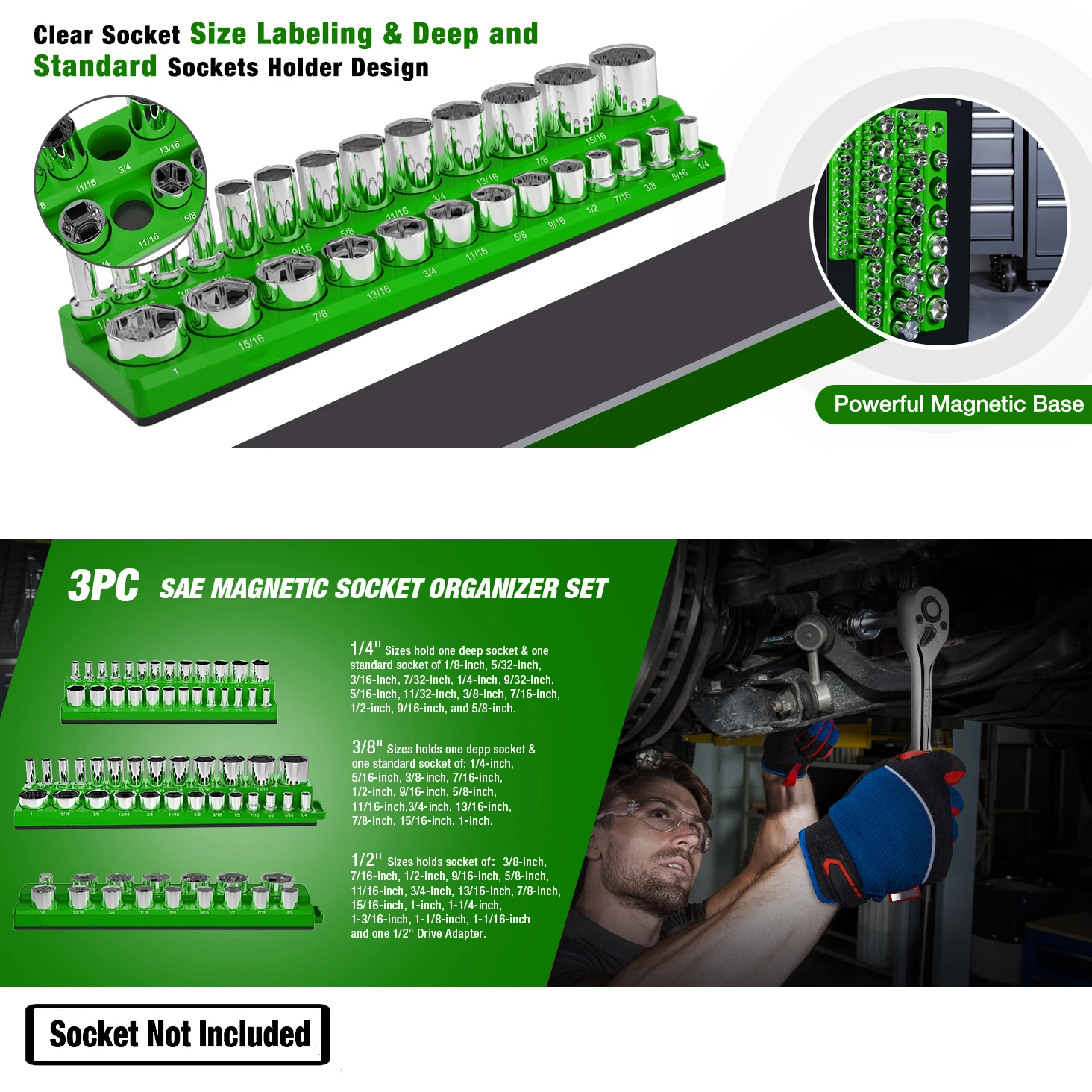 3 قطعة مجموعة حامل تخزين منظم المقبس المغناطيسي 1/4 "3/8" و 1/2 "متري SAE