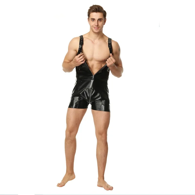 Leather Men Bib Shorts Sexy Bodysuit Black Wetlook Jumpsuit Hot Male Adult Costumes Erotic Wrestling Suits