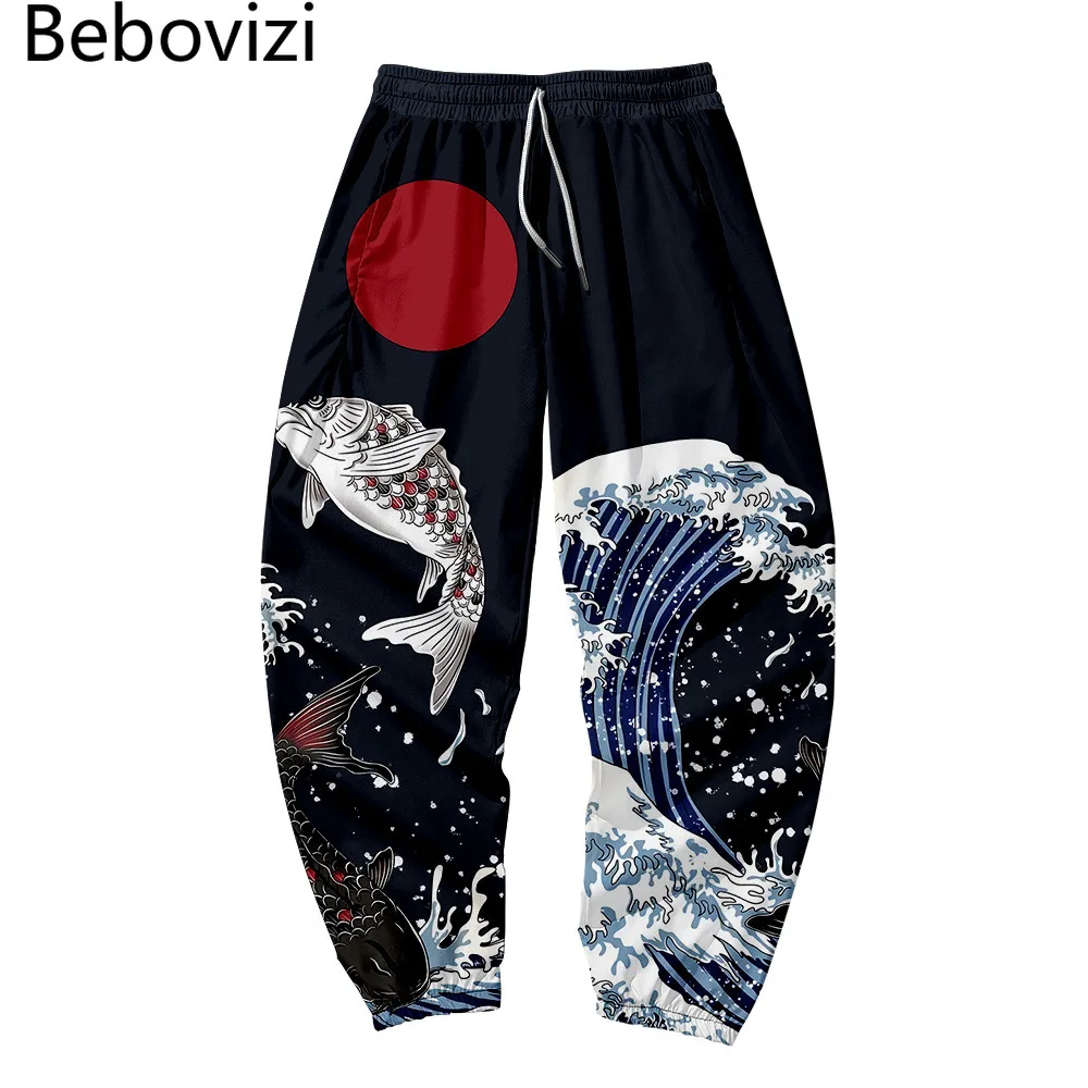 Japanese Style Ukiyoe Carp Sweatpants Men Multi Pocket Long Cargo Pant Harajuku Jogger Trousers Streetwear Pants Plus Size