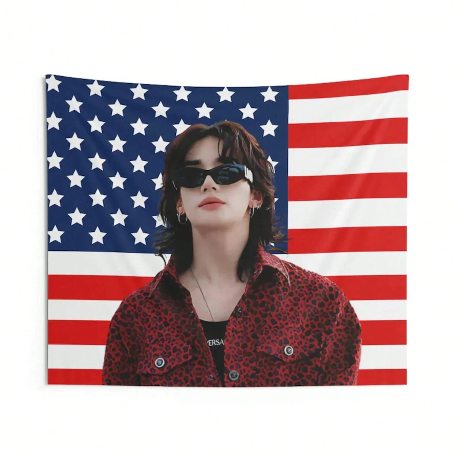 SKZ Red Outfit American Flag Tapestry, Ate Mountains You Make Stay Wall Decor for Bedroom Dorm, Kpop Gift for Fans, Flat Print