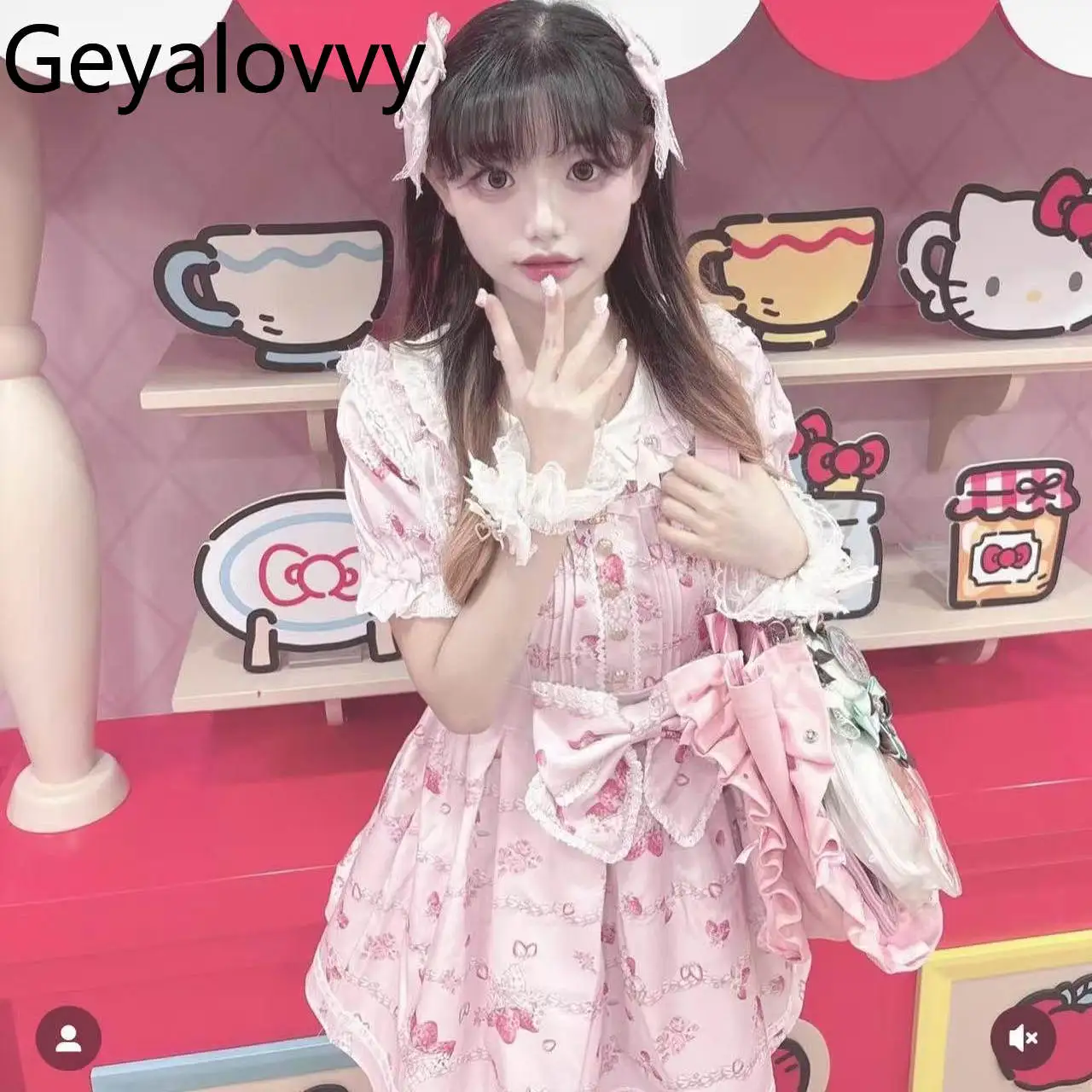 

Summer New Short Sleeve Dress Cute Cake Big Bow Strawberry Cute Elegant Tutu Lolita Japanese Style Casual Dresses Women