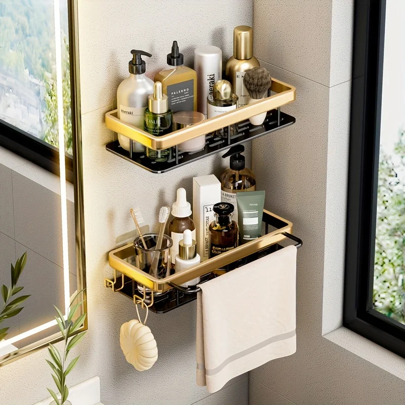 Hole-Free Wall-Mounted Mouthwash Cup Storage Rack, Light Luxury Black Gold Sanitary Bathroom Rack Bathroom Accessories