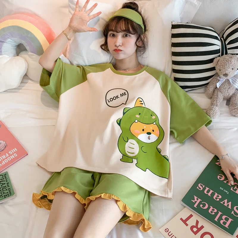 2PCS/Set Green Cartoon Dinosaur Pajamas Short-Sleeved Loose Version Women Large Size Princess Style Homewear Students Sleepwear