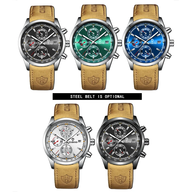 BINBOND ใหม่หรูหรานาฬิกาควอตซ์กันน้ําวันที่ Chronograph หนังผู้ชายนาฬิกาข้อมือทหารกีฬานาฬิกาผู้ชาย Reloj