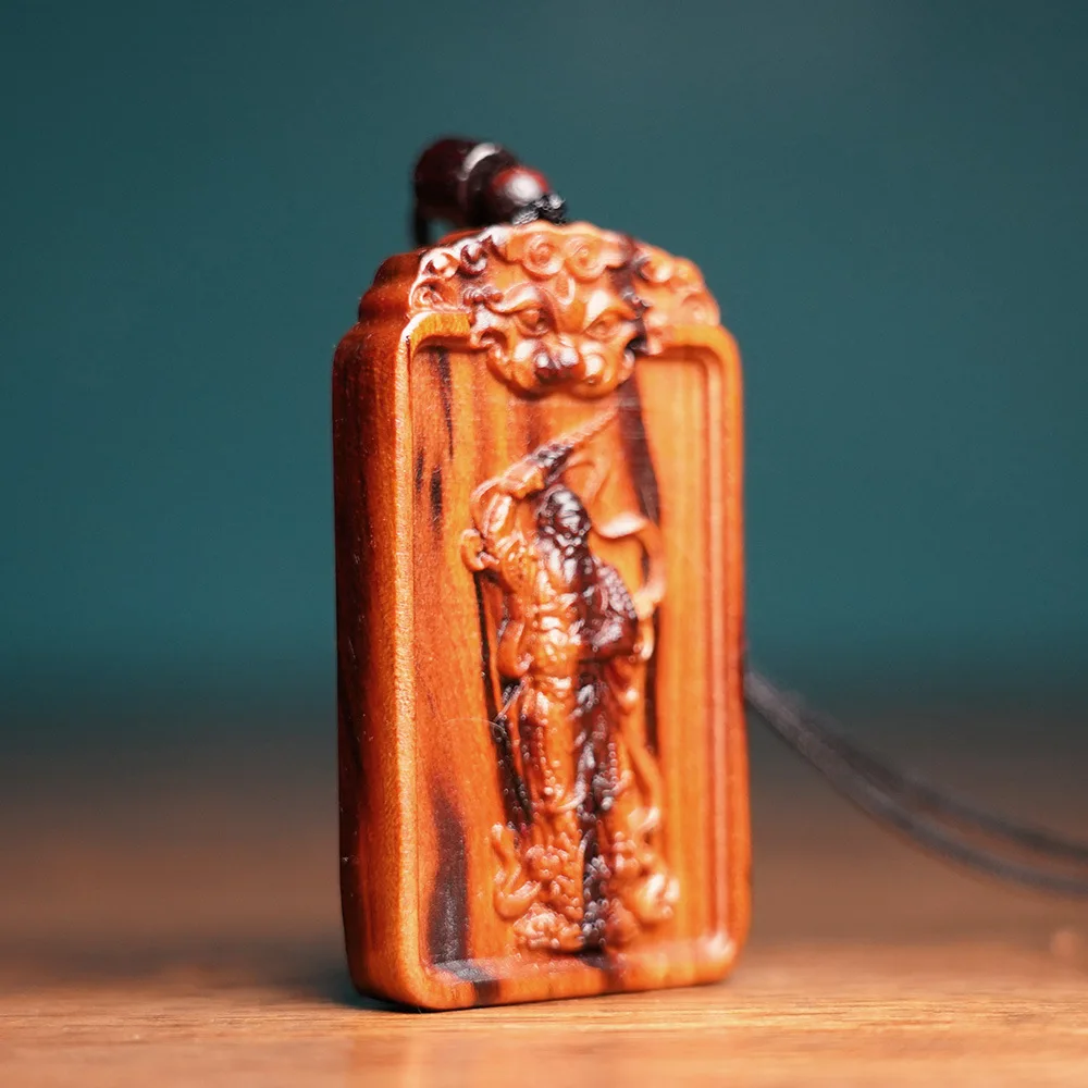 Chinese Thunder Struck Peach Wood Wang Lingguan Amulet Carved Tiger Head Good Luck Blessing Pendant Feng Shui Lucky Charm Gift