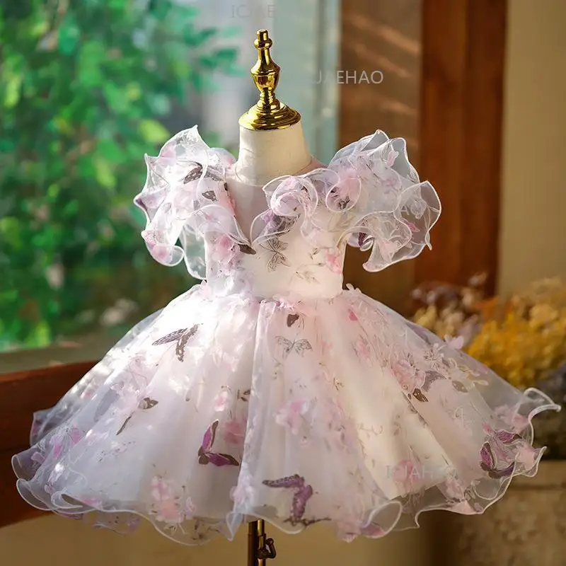 Flower Pink-purple Tutu Princess Gown Children Girls Formal Dress ClothesKids Elegant Host Piano Performance Pageant Costume
