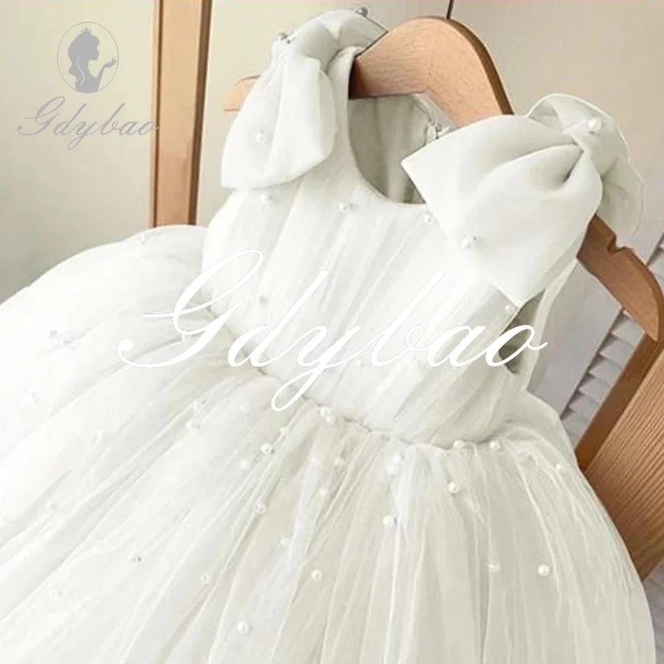 JYS Pearls Beading Sleeveless Flower Girl Dresses For Wedding Puffy Tulle Baby Party First Communion Gowns With Bows