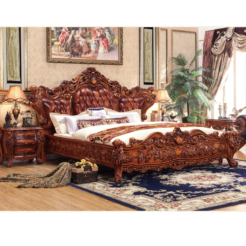 

European double bed American genuine leather simple carved villa solid wood bed