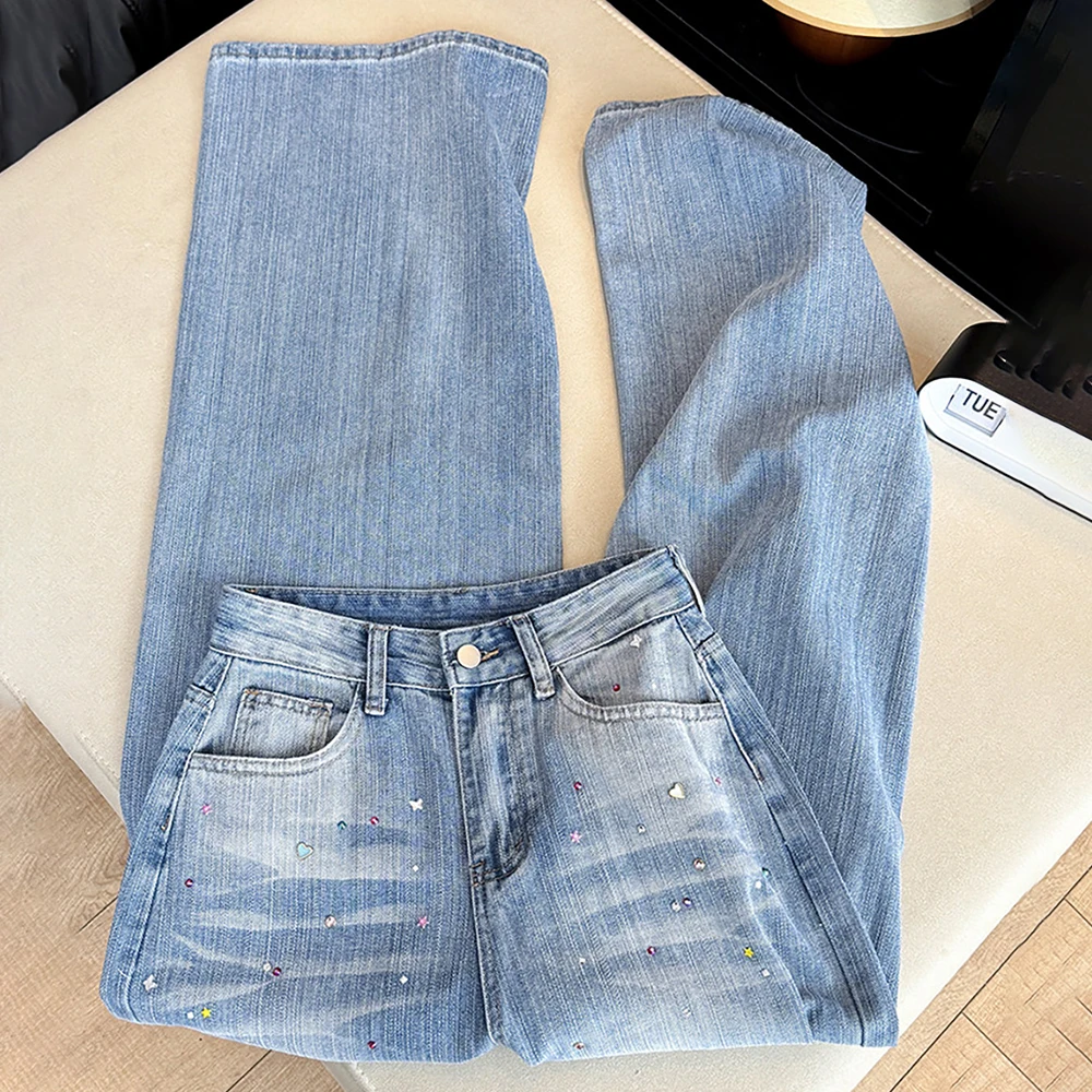 

Y2K Colorful Rhinestone Jeans for Women Spring Light Wash Wide Leg Denim Pants Streetwear Casual High Waist Straight Loose Jeans