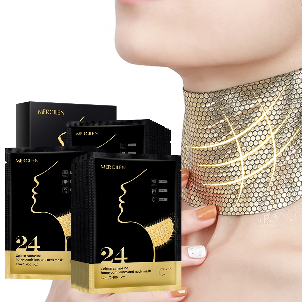 Mercilen Golden Honeycomb Moisturizing Neck Mask 12ml*5 Pieces, Contains Hyaluronic Acid and Glycerin, Firming, Moisturizing, and Smoothing for the Neck, Enhancing Neck Lines, Providing Sufficient Moisture for the Neck, Making the Skin Look Lighter, Brighter, and More Radiant