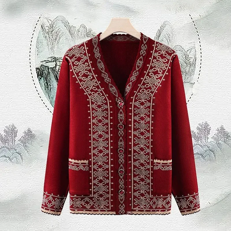 Middle-aged And elderly Autumn Winter Women Sweater New knitted Cardigan Jacket Female V-neck Long-sleeved Casual Knitwear Tops