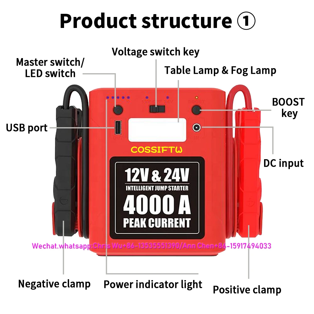 Intelligente per il servizio stradale 12V/24V Jump starter truck heavy booster jumpstarter per avviamento a batteria per impieghi gravosi 4000A