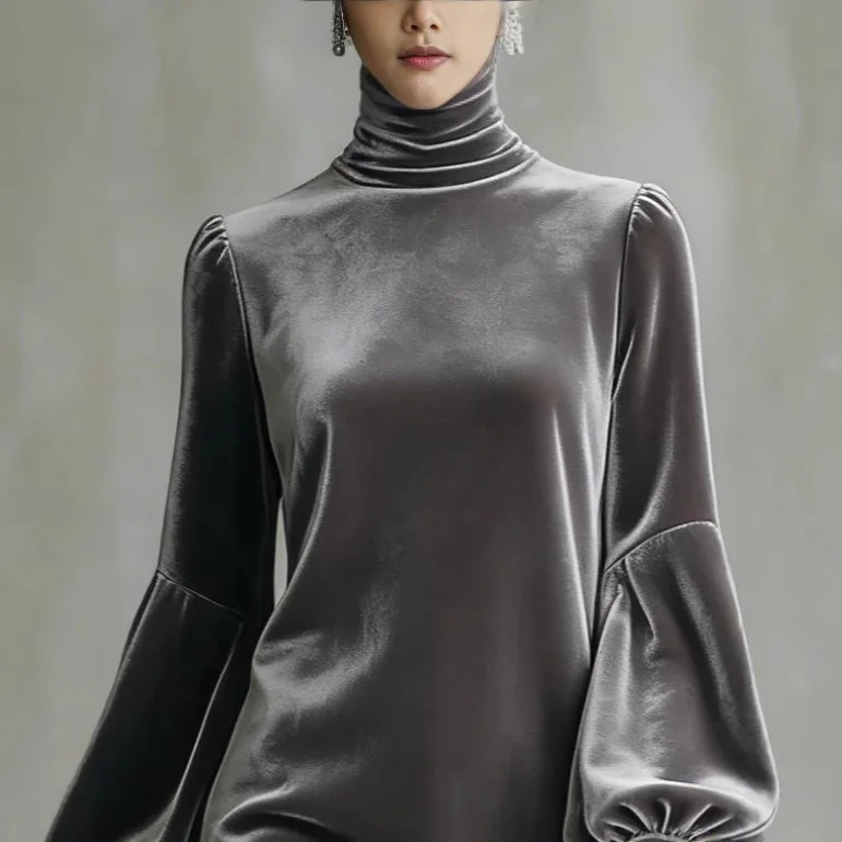 Luxury Velvet Long Sleeve Party Short Dress Casual High Neck Lace Patchwork Hem Dress Autumn Women Loose Banquet Mini Dresses