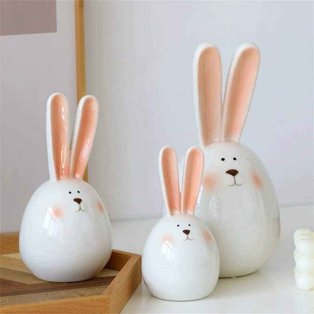 Cute Ceramics Long Ears Rabbit Head Home Decoration Accessories Living Room Ornament Round Bunny Crafts Easter Gifts For Friend