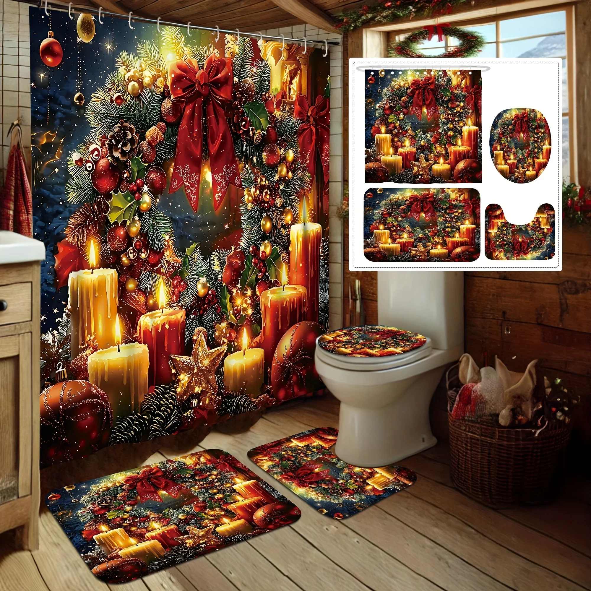 4Pcs Xmas Shower Set, Candle Holly Ball, Red Green Design, Holiday Bath Decor, 12 Hooks, Non-Slip Mat, U-Shaped Cover, Home Gift
