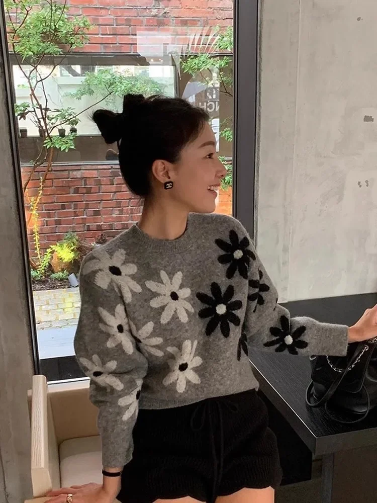 

Корейский милый вязаный пуловер с круглым вырезом и цветочным принтом, осень 2024, новые свитера Mujer Y2k, универсальные женские топы с длинными рукавами