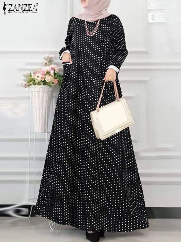 

ZANZEA Turkey Abaya Polka Dot Printed Vestidos Women Long Sleeve Maxi Sundress Robe Islam Clothing Bohemian Muslim Fashion Dress