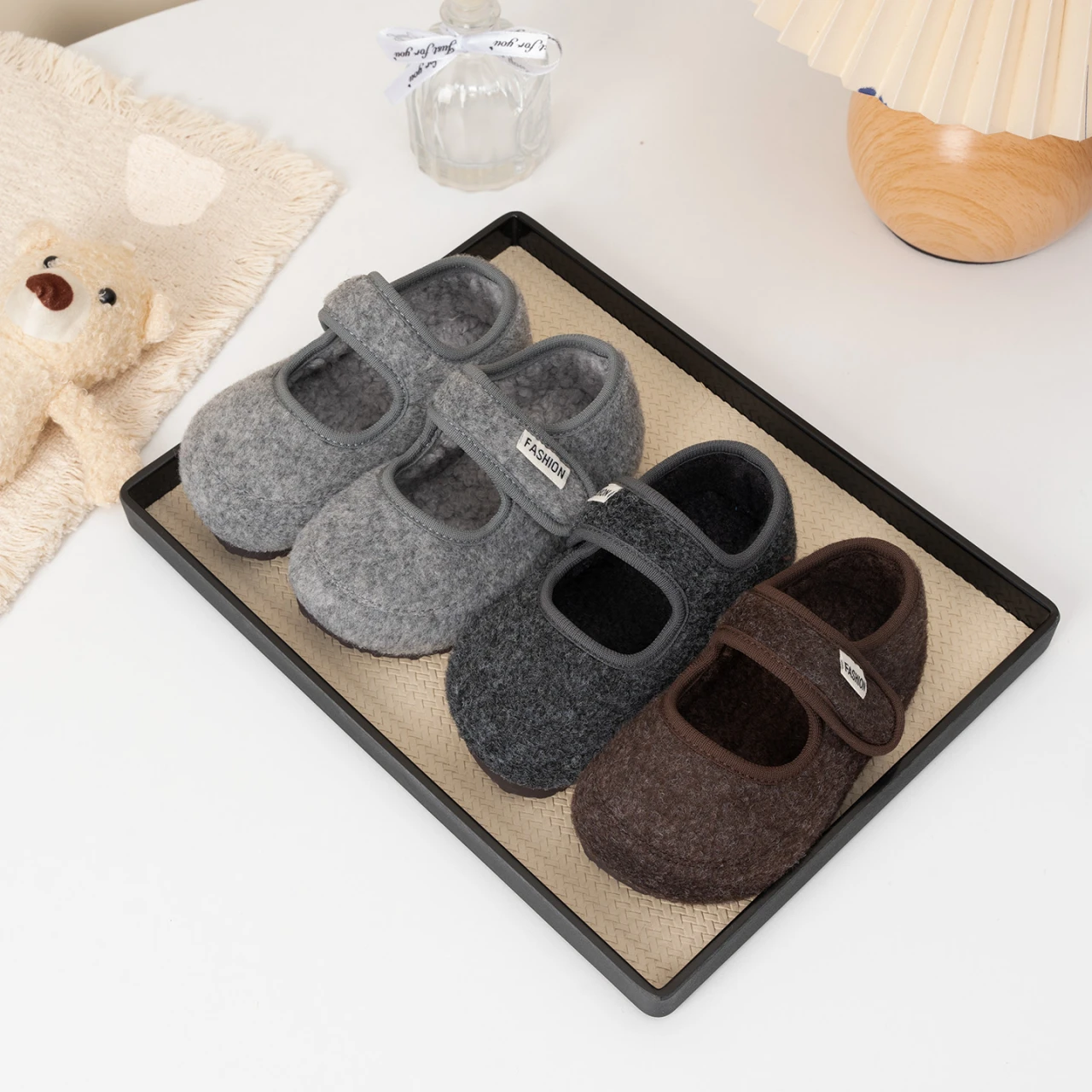 Kids Warm Felt Mary Jane Shoes Adjustable Strap Soft Non‑slip Sole Winter Home Outdoor Shoes