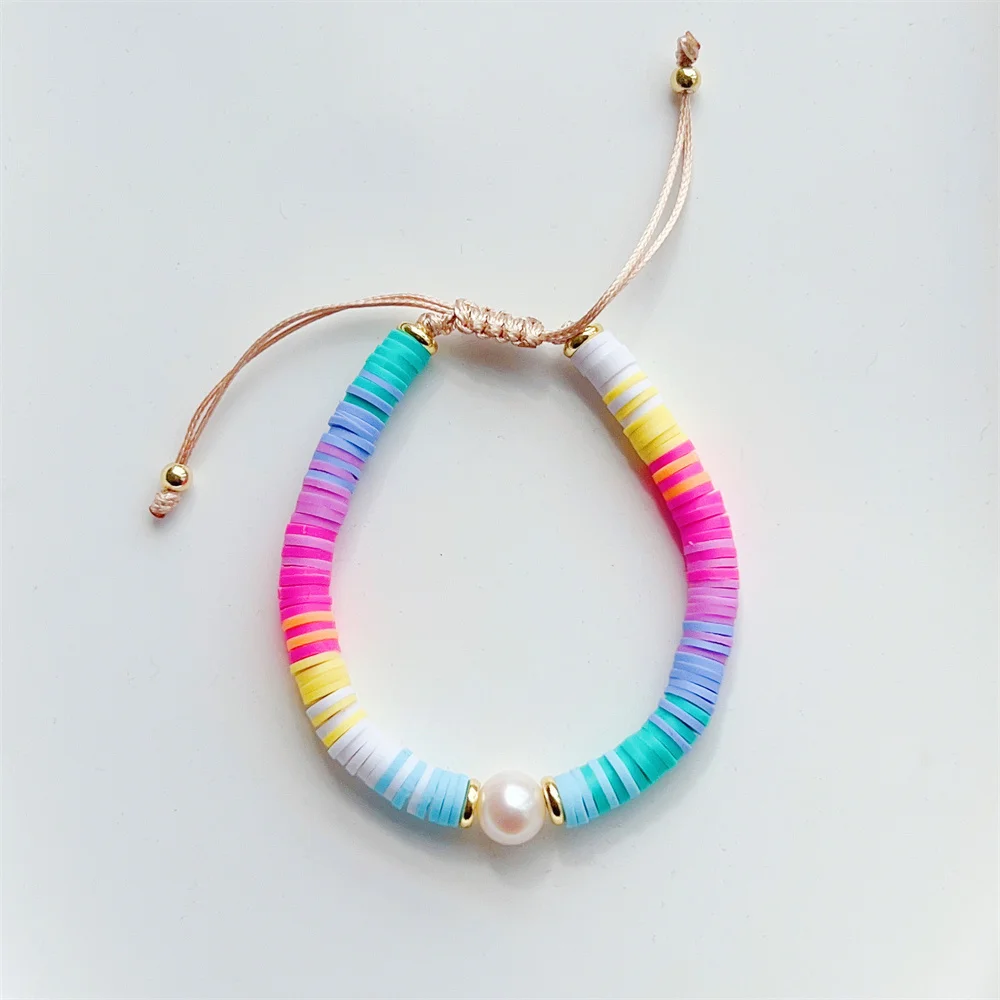 Boho Summer Rainbow Heishi Disc Bracelet Natural Pearl Bracelets for Girl Women Colorful Polymer Clay Pulseras Jewelry Wholesale