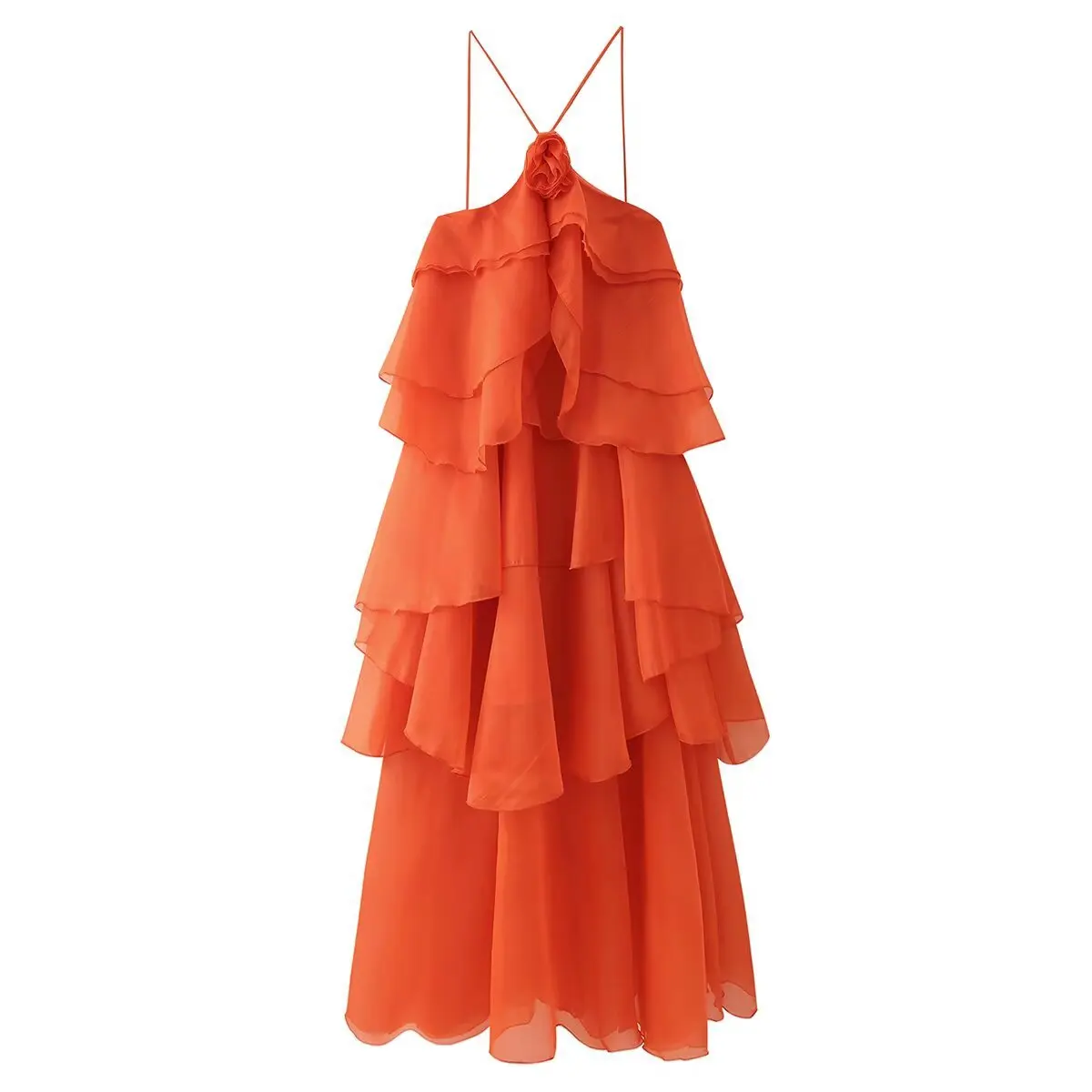 

2025 Holiday Style Summer Women's Beach Dress Three-Dimensional Flower Layered Decoration Halter Neck Long Dress