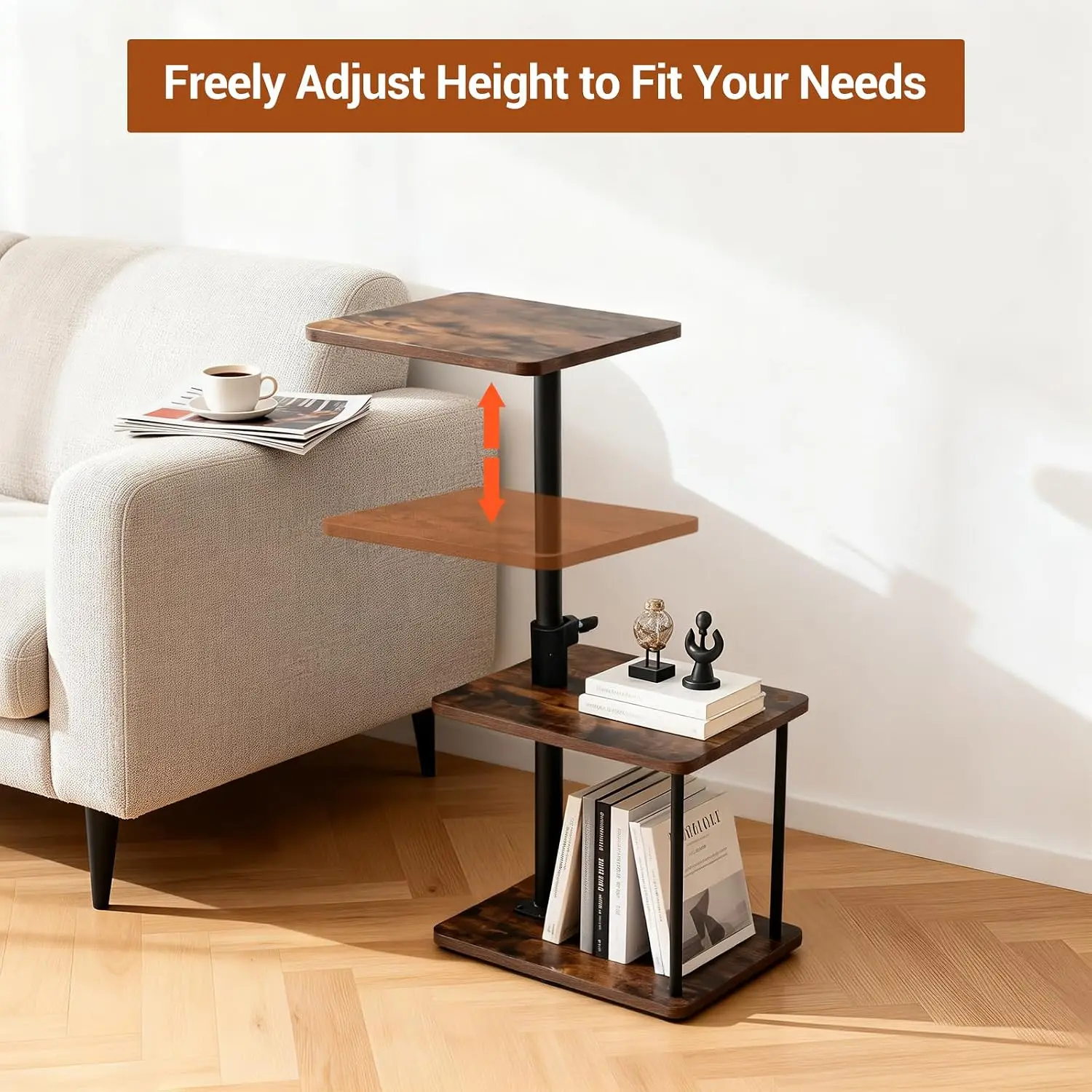30x40x82cm 360° Swivel C-Shaped Side Table with Adjustable Height Space-saving End Table with 3-Tier Storage for Couch Sofa, Bed Living Room