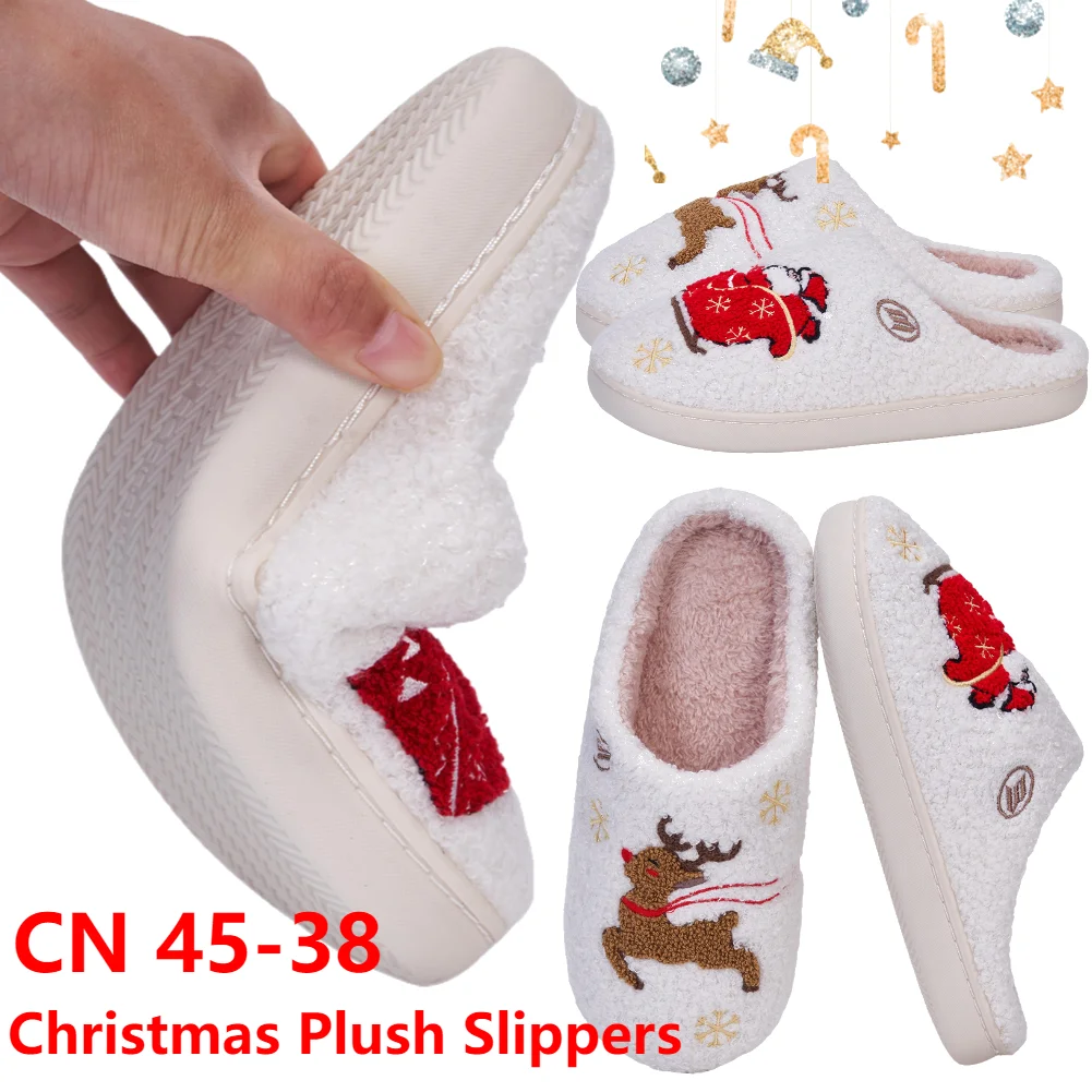

Xmas Thick-Soled Comfortable Plush Slippers with Santa Claus Elk Pattern Cute Warm Non-Slip Indoor Slippers House Shoe Gifts