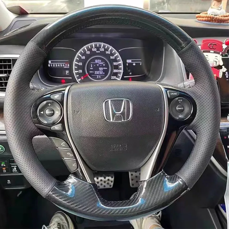 

Hand-Stitched Black non-slip carbon fiber Genuine Leather Steering Wheel Cover for Honda Ridgeline Crosstour Odyssey 2013-2020