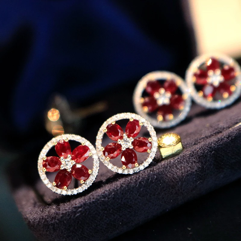 Aazuo 18K Fine Jewelry Solid White Gold Natural Ruby Real Diamond Fairy Windmill Flower Stud Earring gifted for Women Birthday