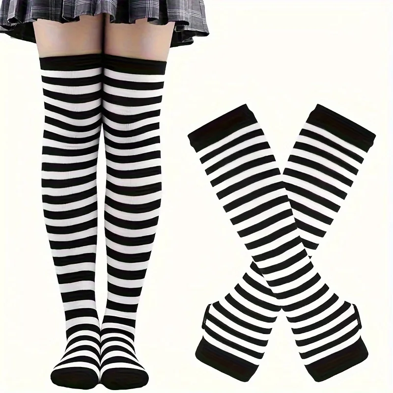 QQ Cat Cat Ear Bow Headband Necklace Claw Gloves Cosplay Plush Bell Women Girl Masquerade Party Black White Stripes Tail Socks - view 6