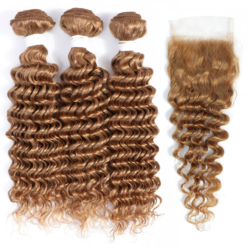 Tissage en Lot Brésilien Naturel Remy avec Closure, Couleur Blond Miel, Deep Wave, 3 Lots