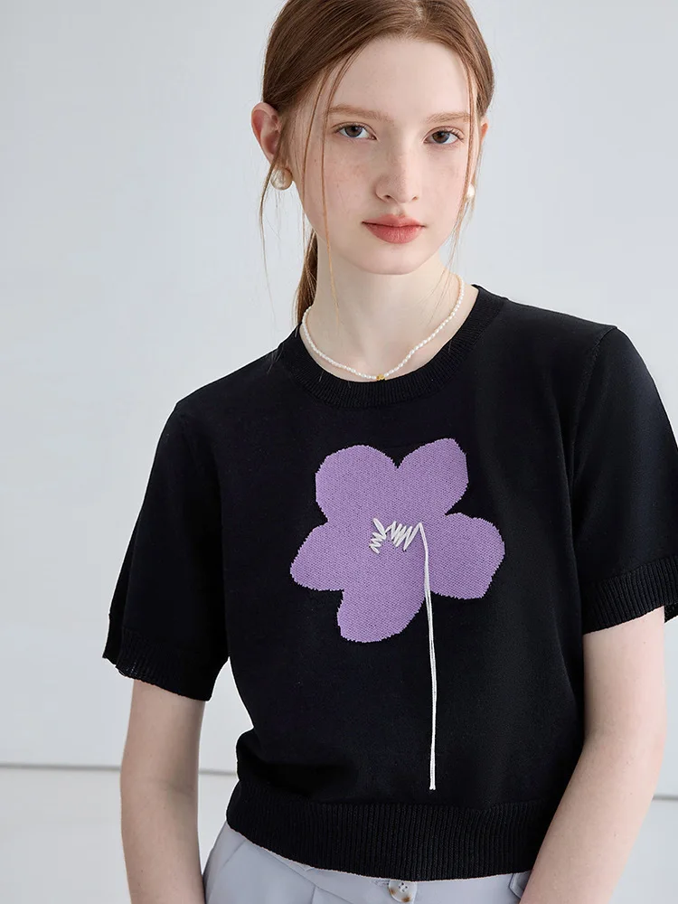 

Summer New Ice Silk Fabric Knitted Short Sleeve Purple Small Flower Jacquard Simple Fashion Versatile Women's T-shirt