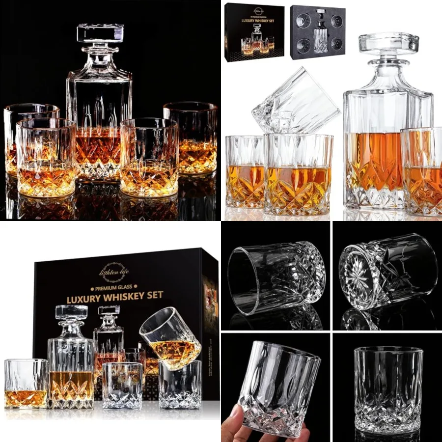

Whiskey Decanter Set for Men - Whiskey Decanter with 4 Whiskey Glasses in Gift Box, Non-Lead Glass for Bourbon and Liquor - Per