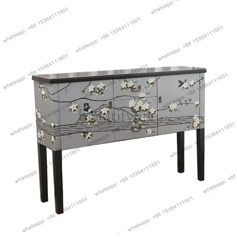 American new Chinese style door painted flowers and birds ultra-thin solid wood dining side cabinet