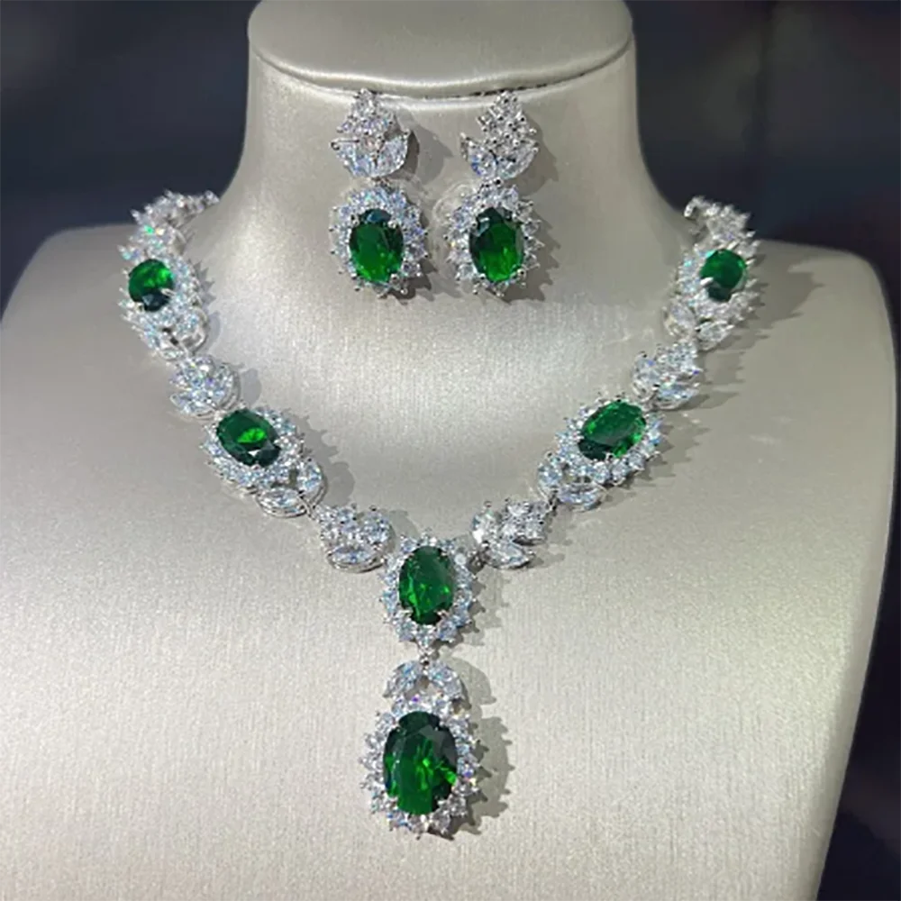 

Exquisite Emerald Crystal S925 Silver Wedding Necklace Earring Inlaid Sparkling AAA Zircon for Women Engagement Jewelry Sets