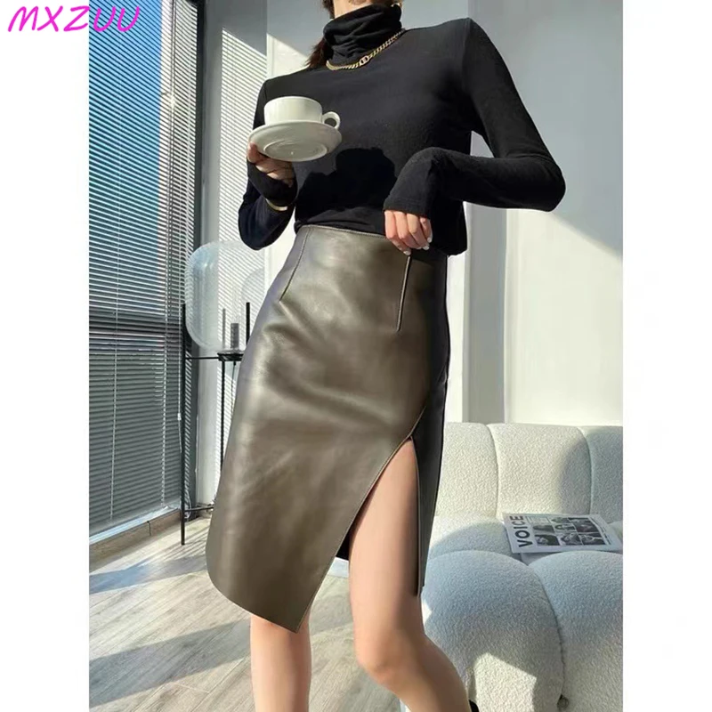 

Harajuku Clothes Black/Coffee Leather Skirt For Ladies Sheepskin Slim Split Sexy Jupe Femme High Waist Wrap Hip One Step Faldas