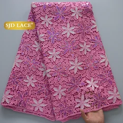 SJD LACE 5 Yards African Gold Sequins Guipure Cord Lace Fabric 2026 Latest Nigerian Water Soluble Lace for Women Party Dress4859