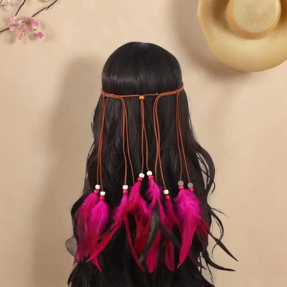 Cascading Tassels Bohemian Tassel Headband Braided Cord Hand-tied Plumage Long Feather Headpiece Flowing Aesthetic