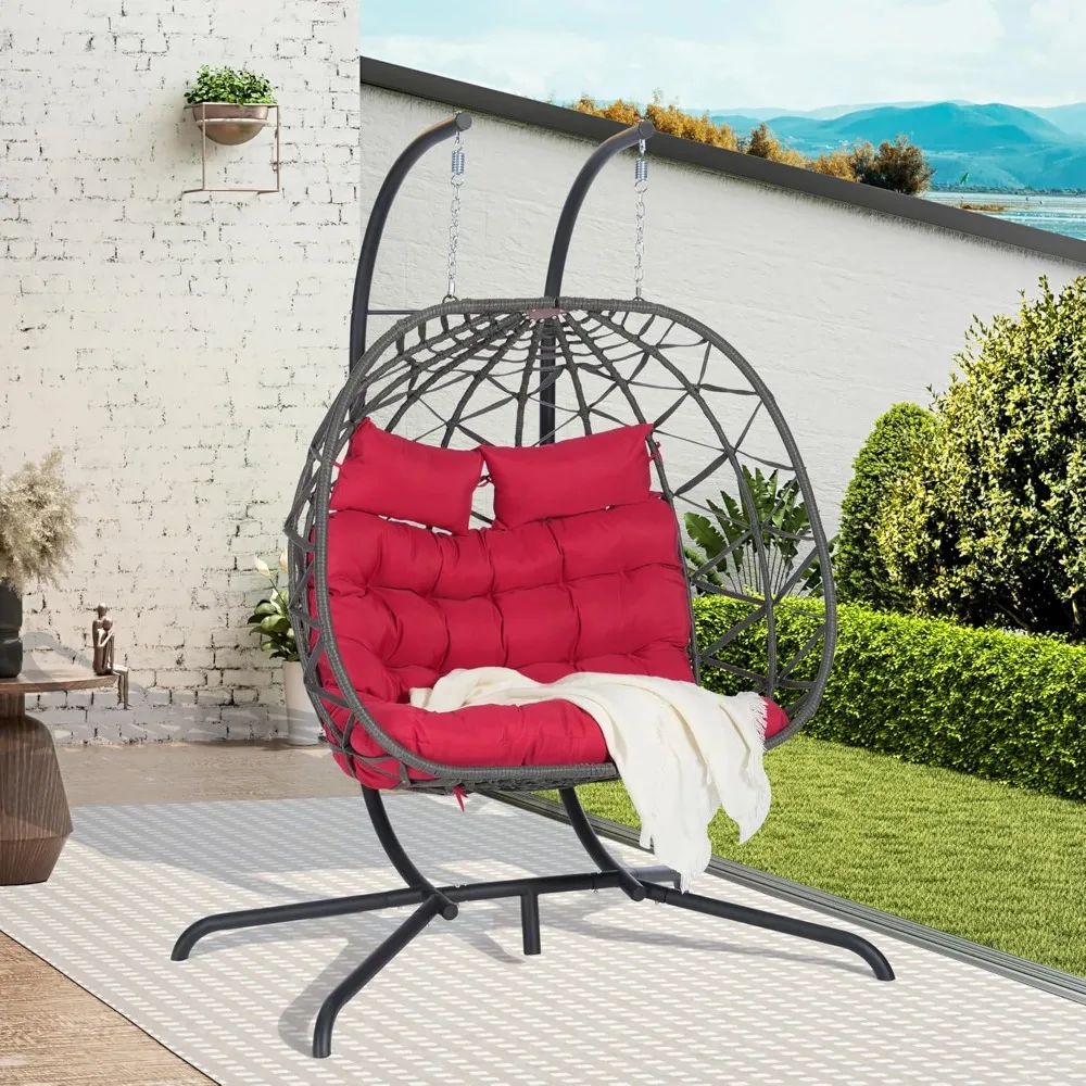 

Double Swing Egg Chair with Stand, 2-Person Hanging Egg Chair Wicker Rattan Oversized Swinging Chair for Outdoor Indoor Garden