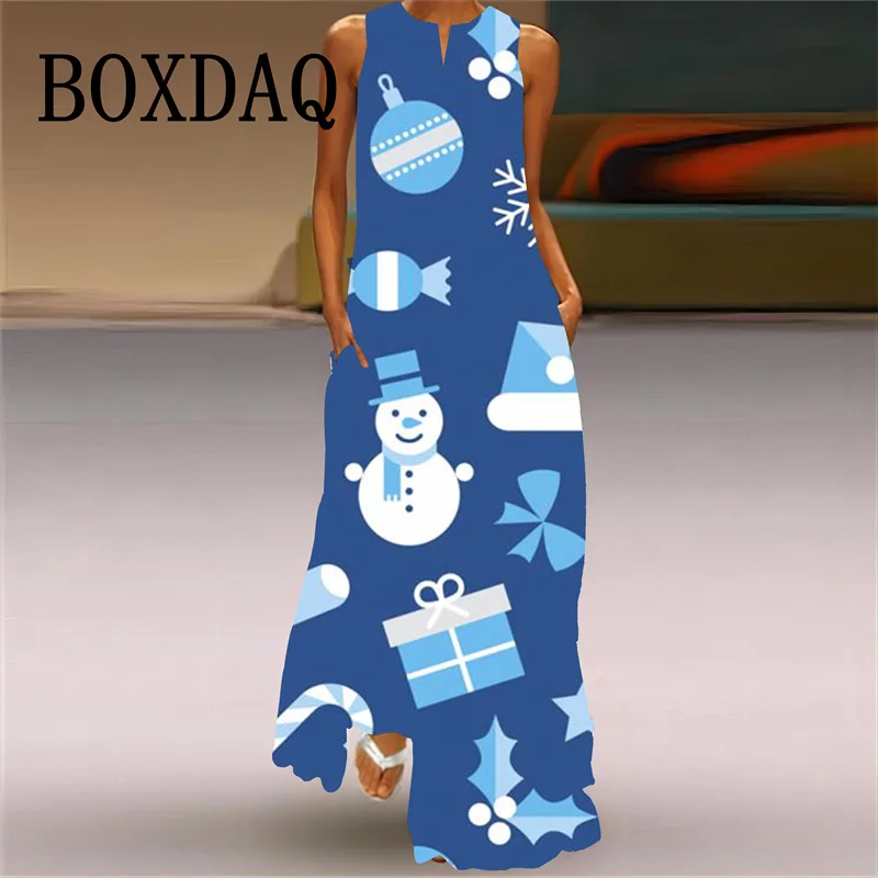 Colorful Christmas Flowers Women Dress Elegant Casual Sleeveless V-neck Pocket Long Dress Spring Summer New Christmas Party Robe